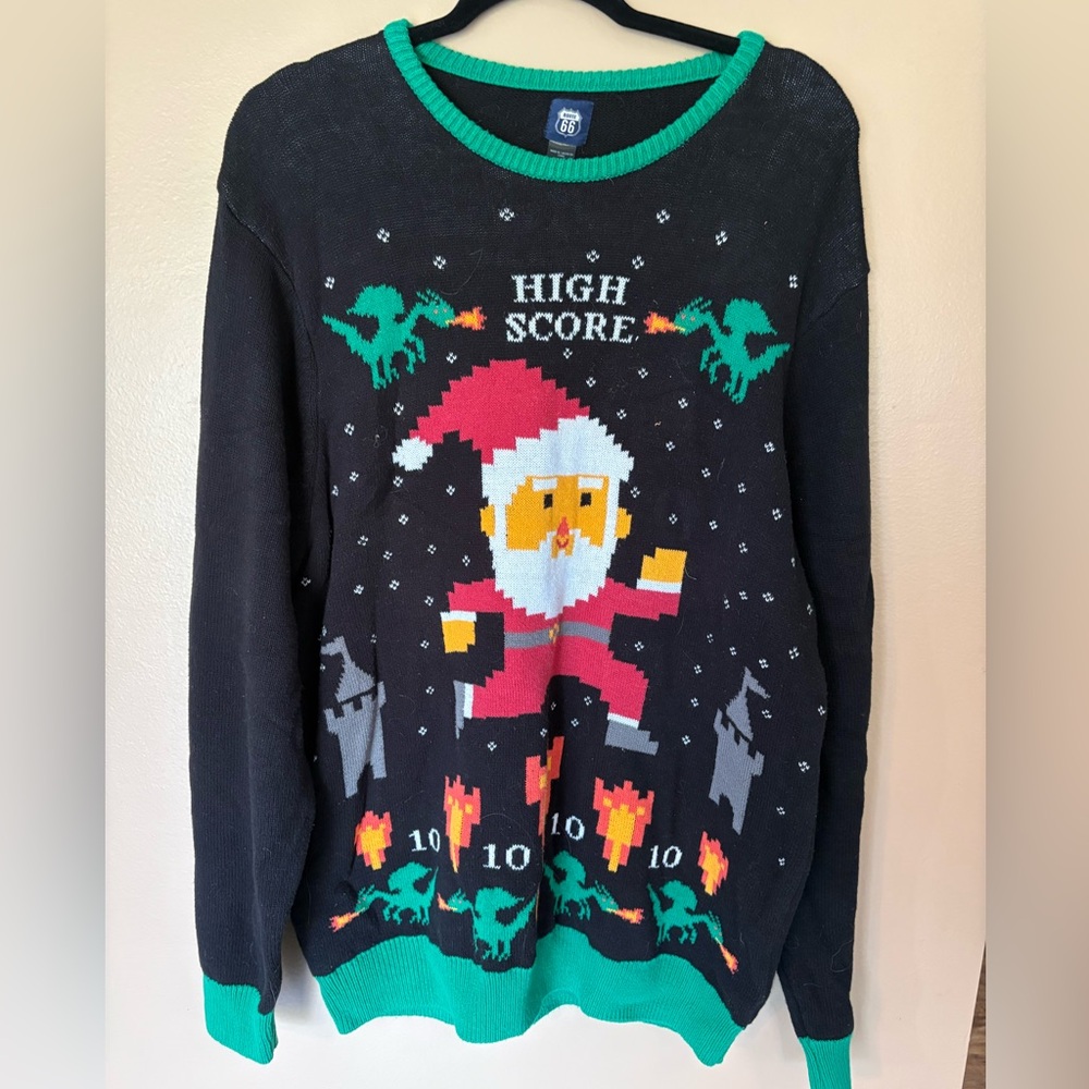 Vintage Route 66 Christmas Santa Sweater - Black and Green (ugly Xmas)
